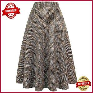 Long Plaid Wool Skirt High Waist A-Line Pleated Midi Fall Winter